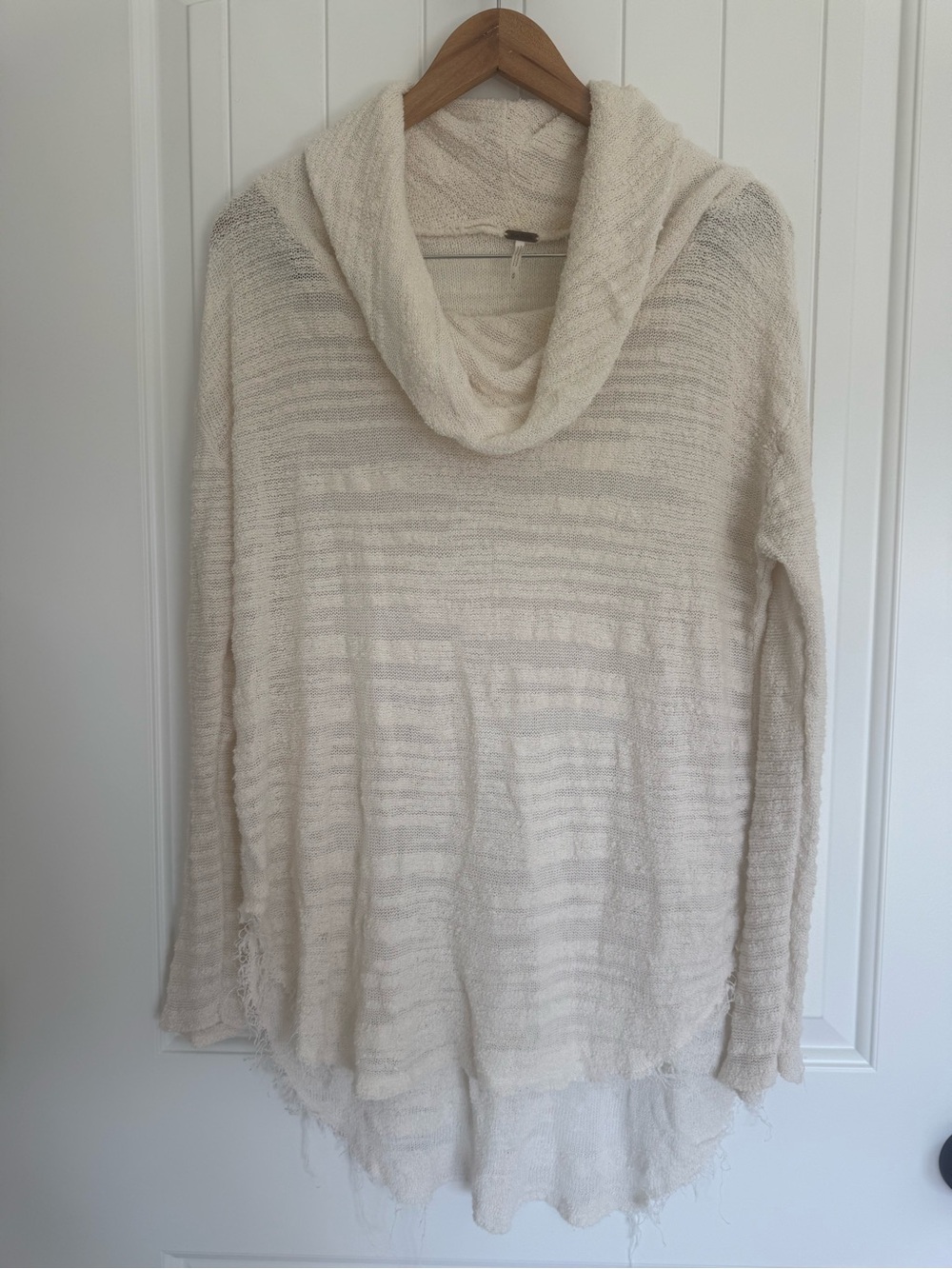 Free People Cowl Neck High Low Slouchy Distressed Cream Knit Sweater Medium
